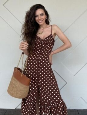 Zara brown and cream polka dot linen blend midi dress Size Medium